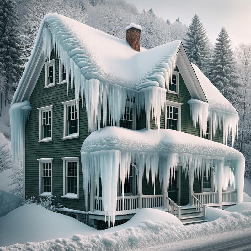 Classic Vermont house with severe ice dams and heavy icicles on the roof eaves during winter