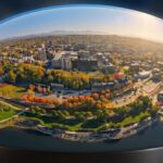 Aerial drone globe like view of Burlington, Vermont during summer rental turnover season.
