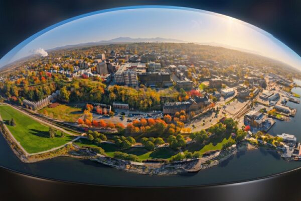 Aerial drone globe like view of Burlington, Vermont during summer rental turnover season.